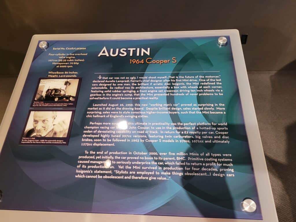signage describing a 1964 Cooper S in the exhibit
